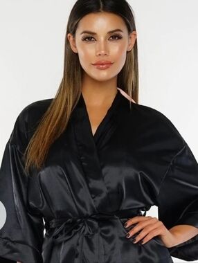 Don't Be Shy Black Satin Lace Robe - Luxury Women's Robe